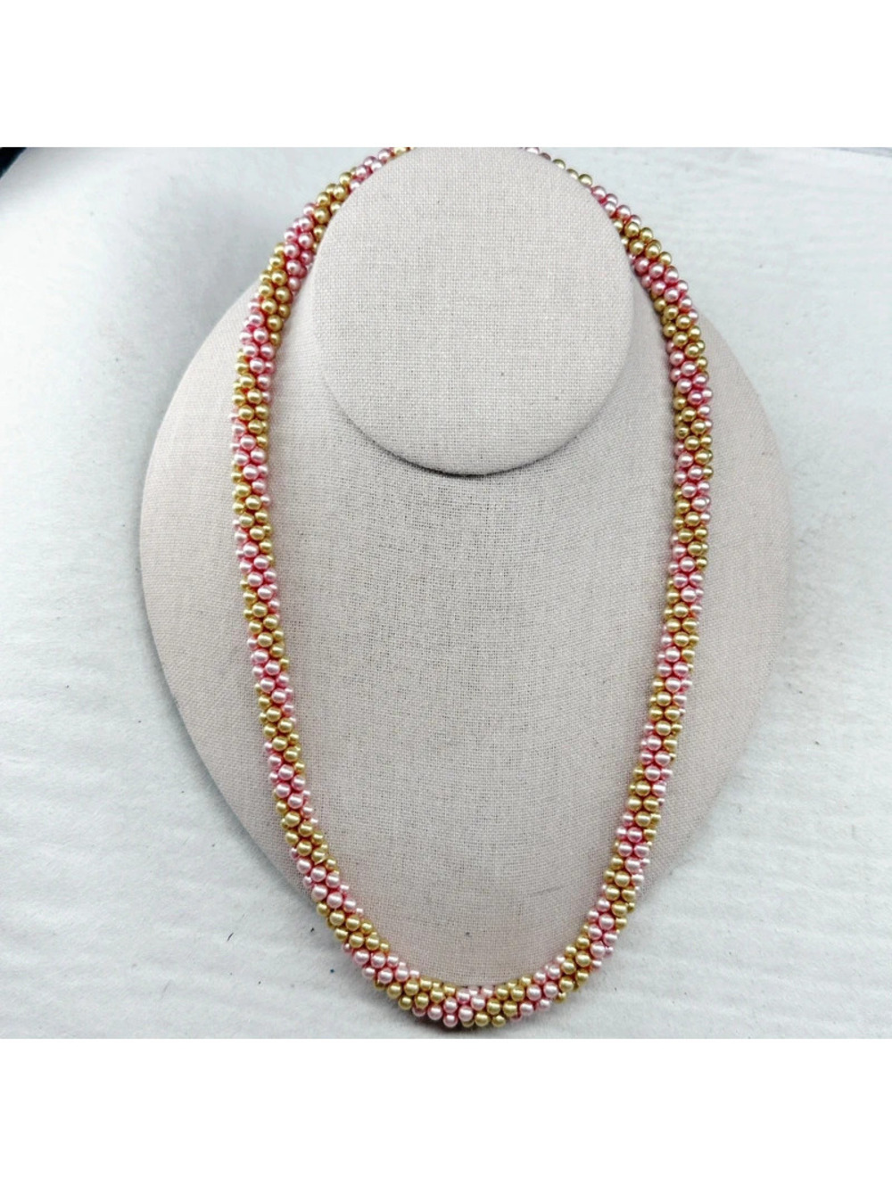 874mc. Pink and Goldtone Plastic Faux Pearl Necklace